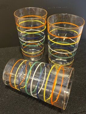 Vintage Clear Glass Tumblers with Colorful Striped Rings 12 oz. Set of 3